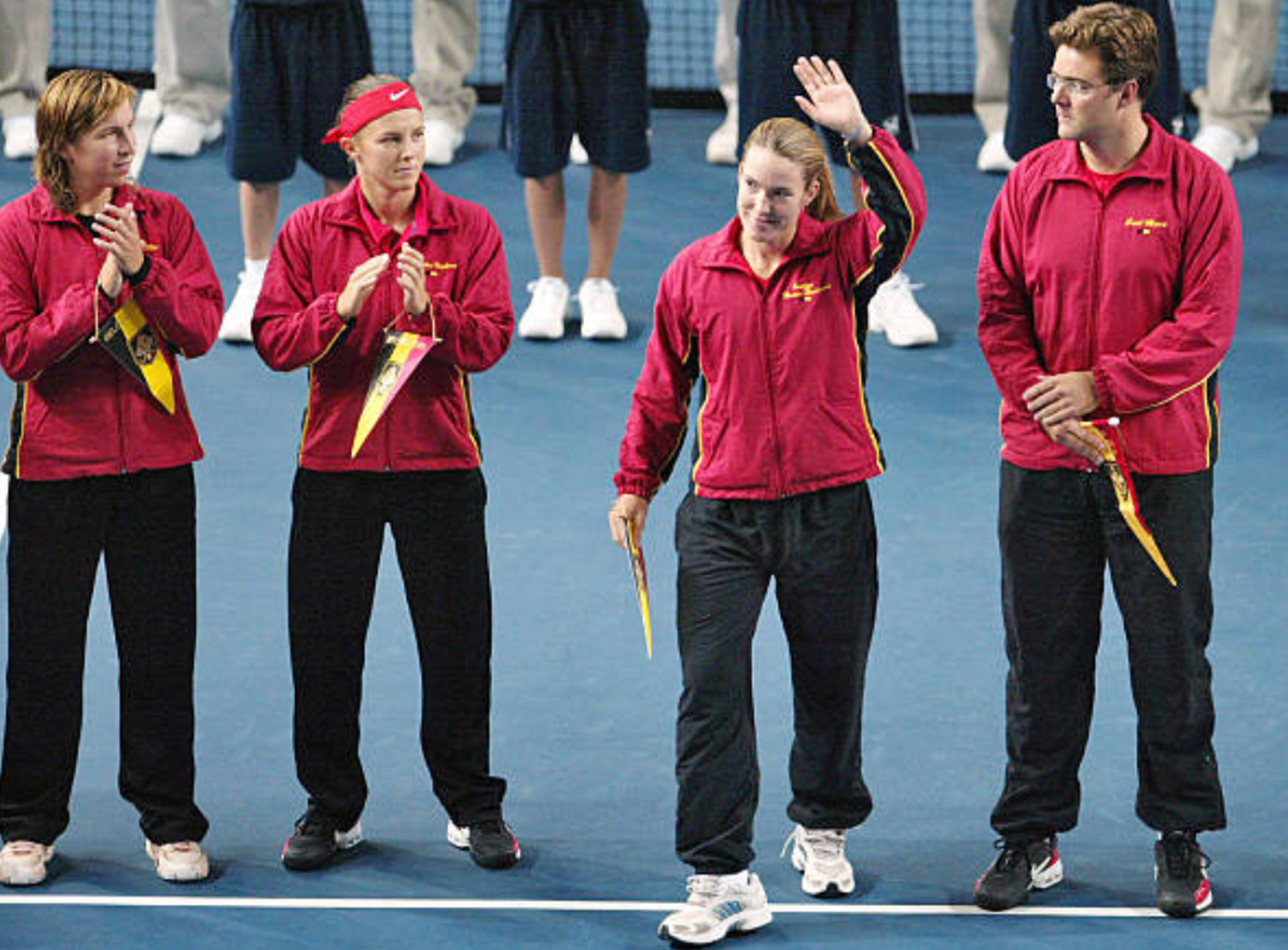 Belgian Fed Cup team with Carl Maes during the 2006 final